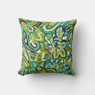 Olive Green Mustard Yellow Turquoise Blue Paisley Throw Pillow