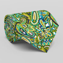 Olive Green Mustard Yellow Turquoise Blue Paisley Tie