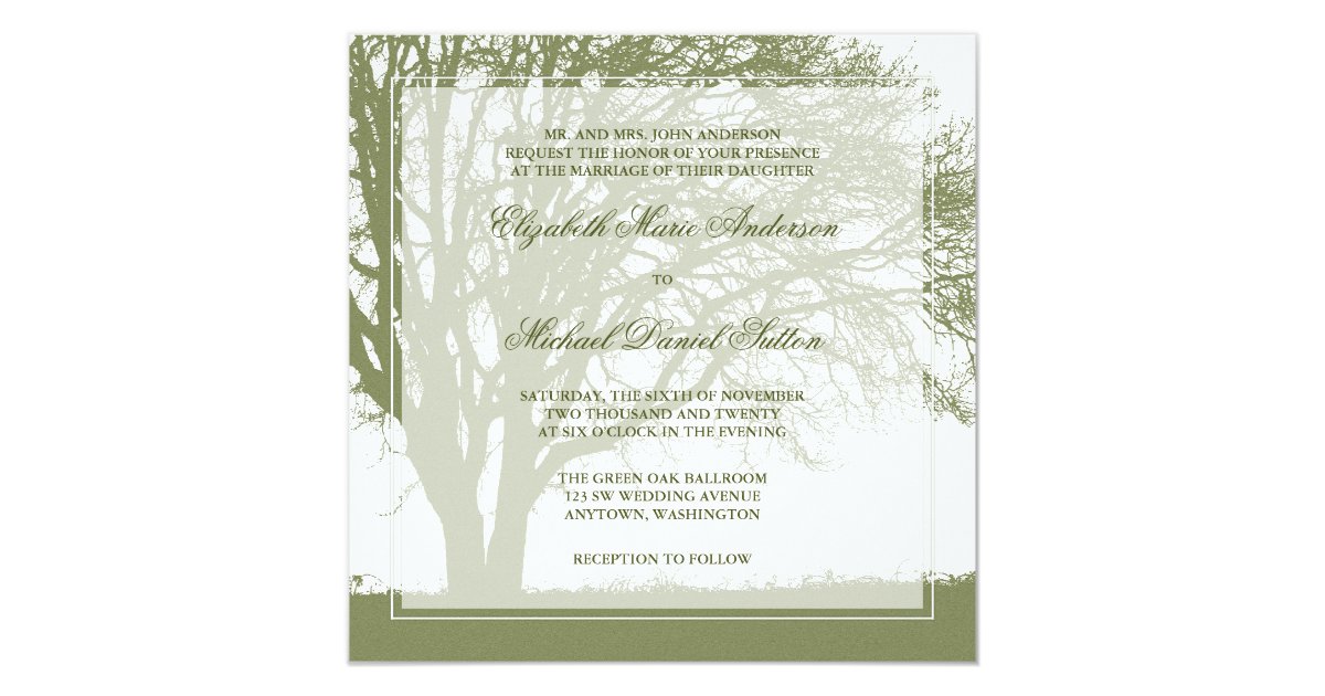 Olive Green Oak Tree Fall Wedding Invitation Zazzle Com