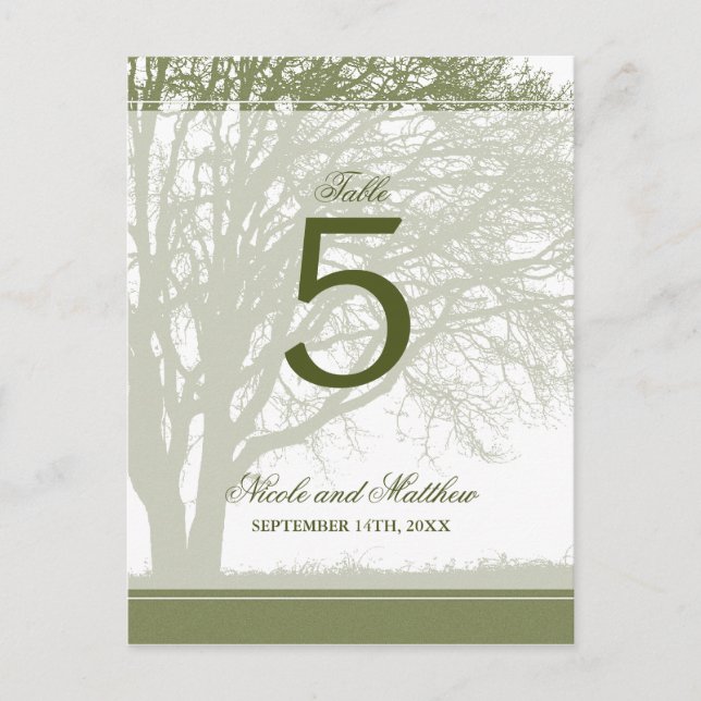 Olive Green Oak Tree Fall Wedding Table Number (Front)