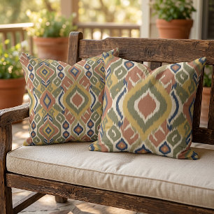 Olive Green Ochre Terracotta Ikat Tribal Art Outdoor Pillow