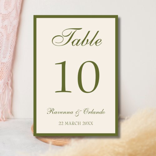 Olive Green Old Money Black Tie Wedding Table Number