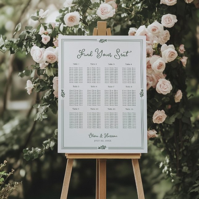 Olive Green Old Money Formal Wedding Seating Chart Foam Board (Creator Uploaded)