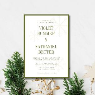 Olive Green Old Money Snowflakes Winter Wedding Invitation