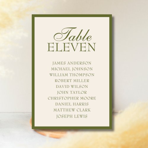 Olive Green Old Money Wedding Seating Chart Table Number