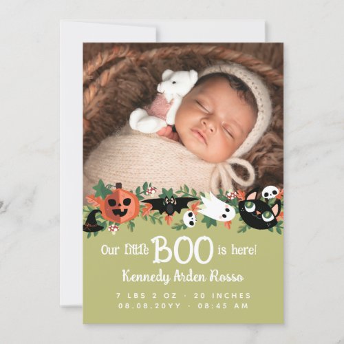 Olive Green Our Little Boo Is Here Halloween Baby Announcement