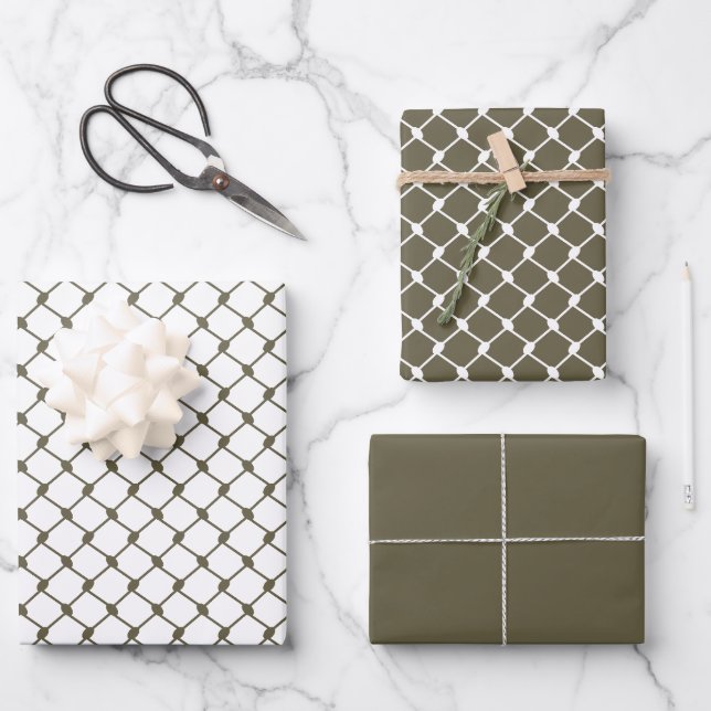 Olive Green Palestinian Keffiyeh Pattern Design Wrapping Paper Sheets (Front)