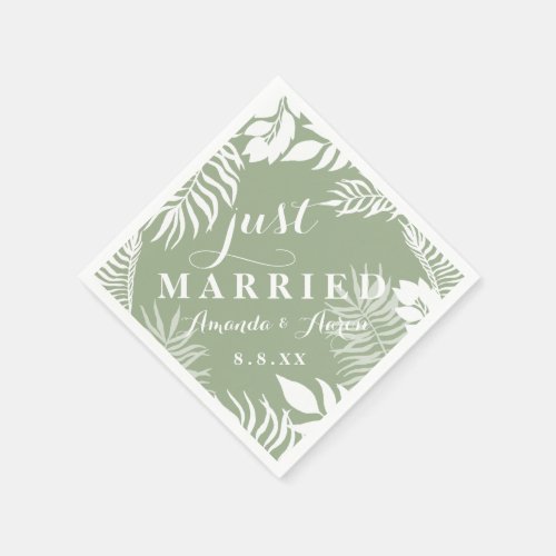 Olive Green Palm Leaf White Floral Just Married Napkins