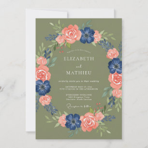 Olive Green Peach Floral Rustic Wedding Invitation
