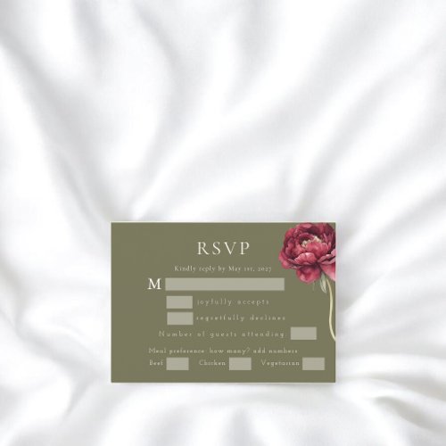Olive Green Peony Floral RSVP Card