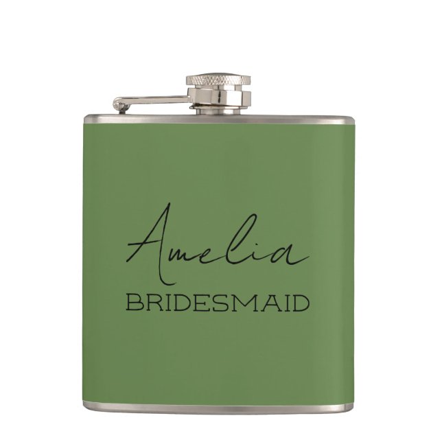 Olive Green Personalized Bridesmaid Flask (Front)