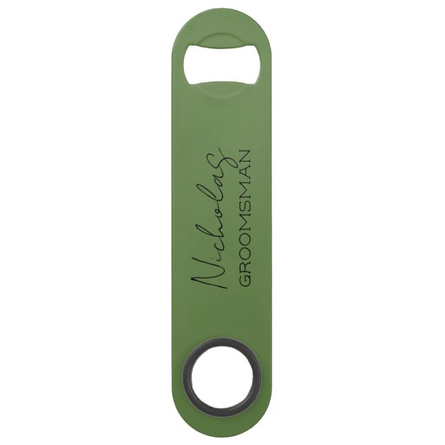 Olive Green Personalized Groomsman Bar Key (Front)
