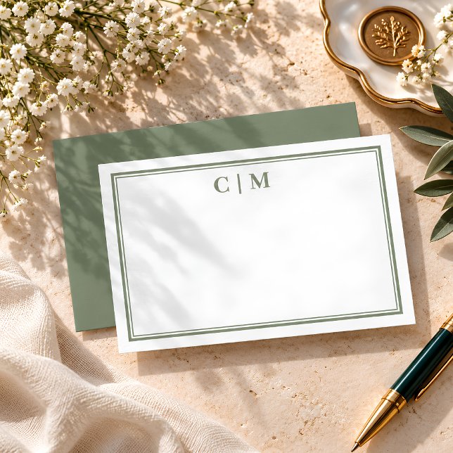 Olive Green Personalized Initials Note Card (Creator Uploaded)