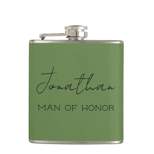 Olive Green Personalized Man of Honor  Flask (Front)