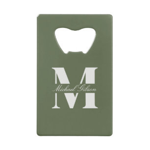 Olive Green Personalized Monogram Groomsmen Credit Card Bottle Opener