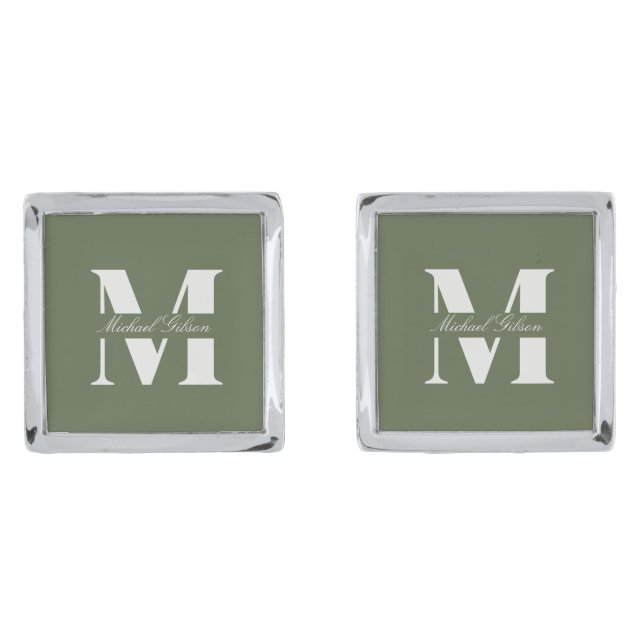 Olive Green | Personalized Monogram Groomsmen  Cufflinks (Front)