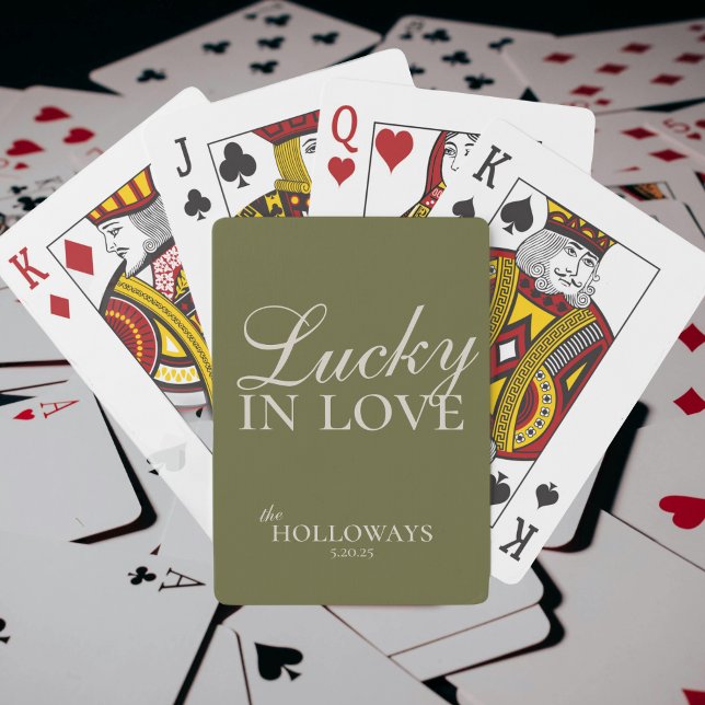 Olive Green Personalized Wedding Guest Book Poker Cards (Add a playful and memorable twist to your guest book with these “Lucky in Love” playing cards!)