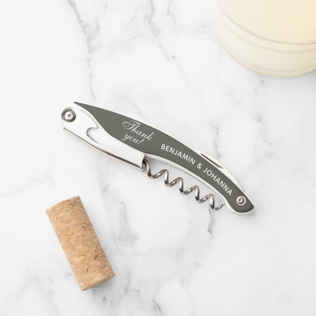 Olive Green Personalized Wedding Thank You Favors Waiter's Corkscrew (Front)