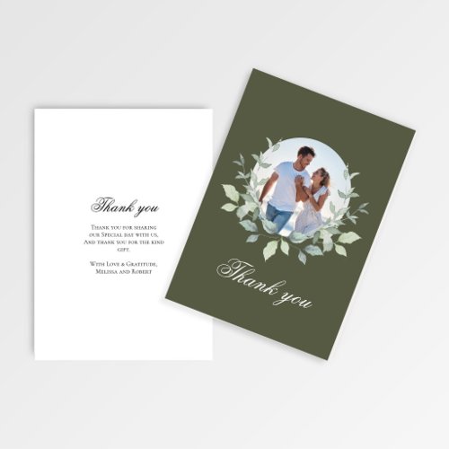 Olive Green Photo Wedding Thank You Wreath Card