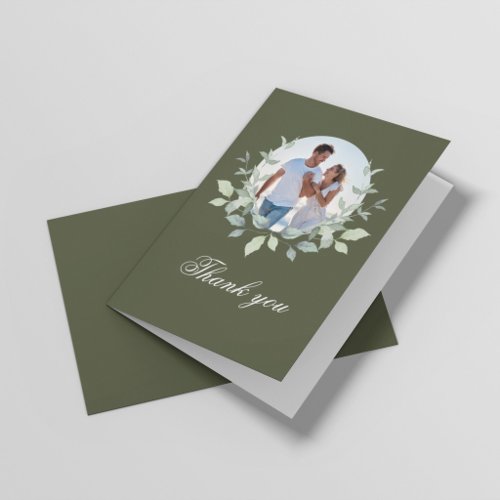 Olive Green Photo Wreath Script Thank You Card