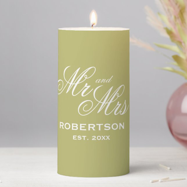 Olive green pillar candles for wedding party (In Situ)