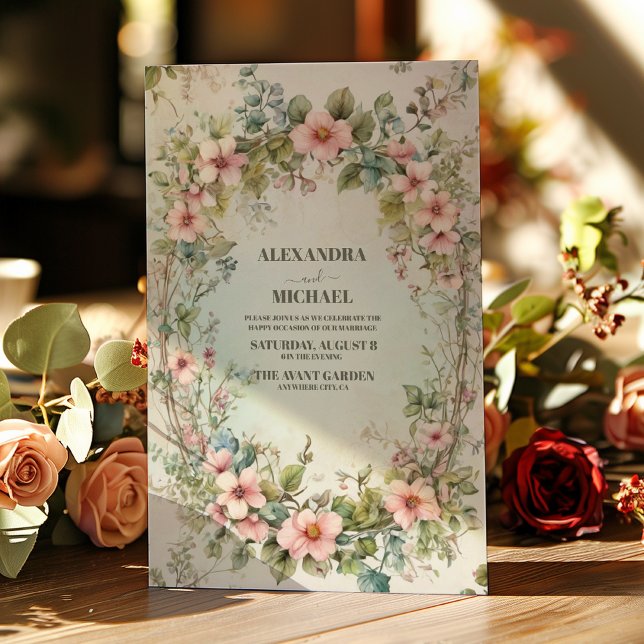 Olive Green Pink Floral Art Nouveau  Wedding  Invitation (Creator Uploaded)