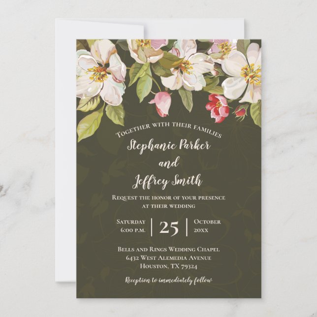 Olive Green + Pink Magnolia Floral Wedding Invite (Front)