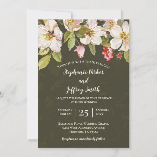Olive Green  Pink Magnolia Floral Wedding Invite