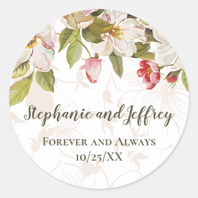 Olive Green Pink Magnolia Flowers Wedding Label (Front)