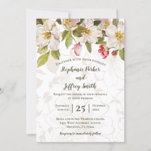 Olive Green Pink Magnolias Floral Wedding Invite