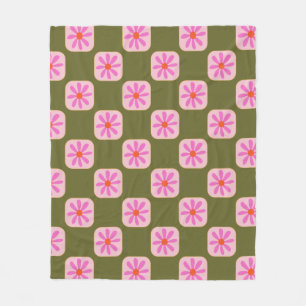 Olive Green Pink Retro Daisy Checker Groovy Fleece Blanket