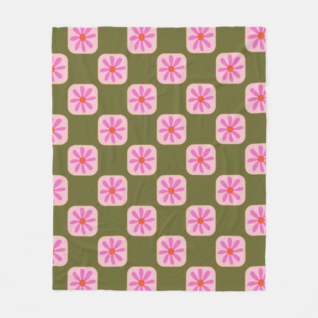 Olive Green Pink Retro Daisy Checker Groovy Fleece Blanket (Front)