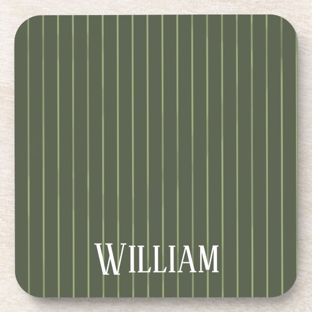 Olive green pinstripes beverage coaster (Front)