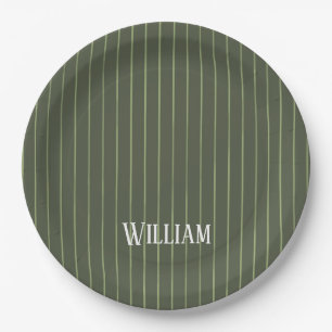 Olive green pinstripes paper plates