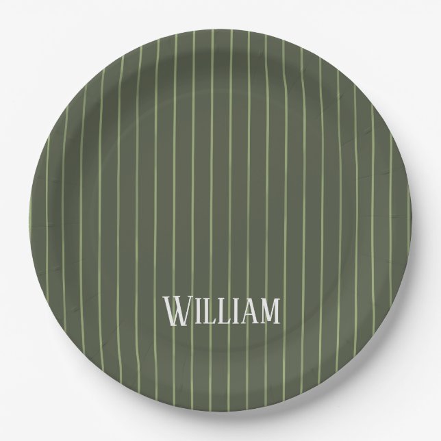 Olive green pinstripes paper plates (Front)