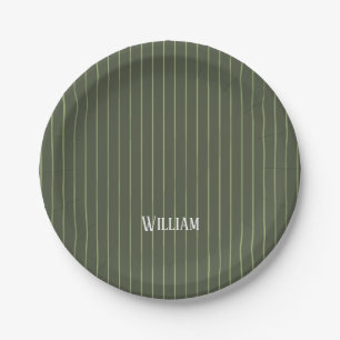 Olive green pinstripes paper plates