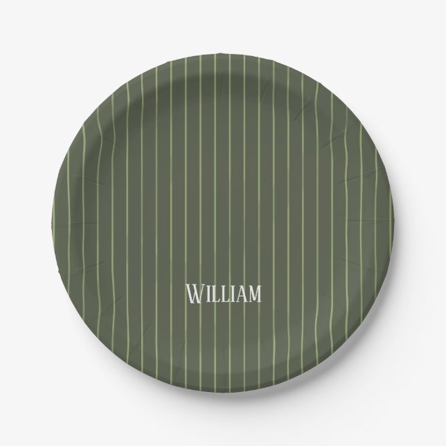 Olive green pinstripes paper plates (Front)