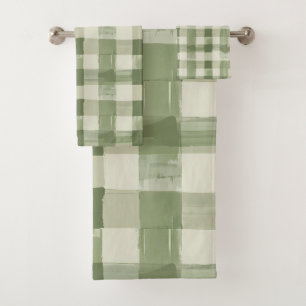 Olive Green Plaid Gingham Checkered Bathroom Bath Towel Set