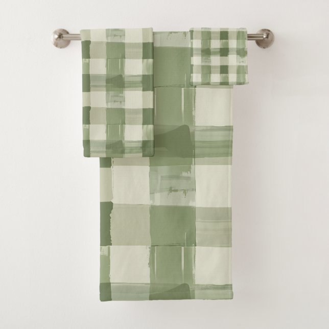 Olive Green Plaid Gingham Checkered Bathroom Bath Towel Set (Insitu)