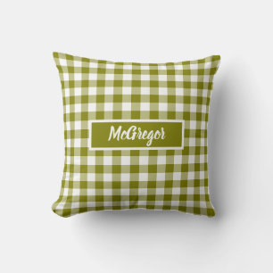 Olive Green Plaid Gingham Personalized Throw Pillow