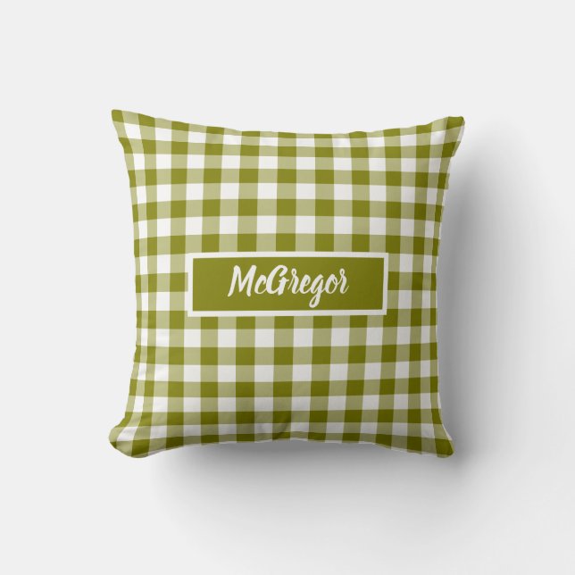 Olive Green Plaid Gingham Personalized Throw Pillow (Front)