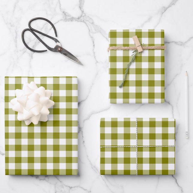 Olive Green Plaid Gingham Wrapping Paper Sheets (Front)