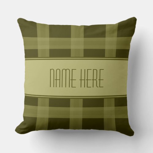 Olive Green Plaid Pattern Custom Name Throw Pillow