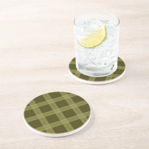 Olive Green Plaid Pattern Sandstone Coaster