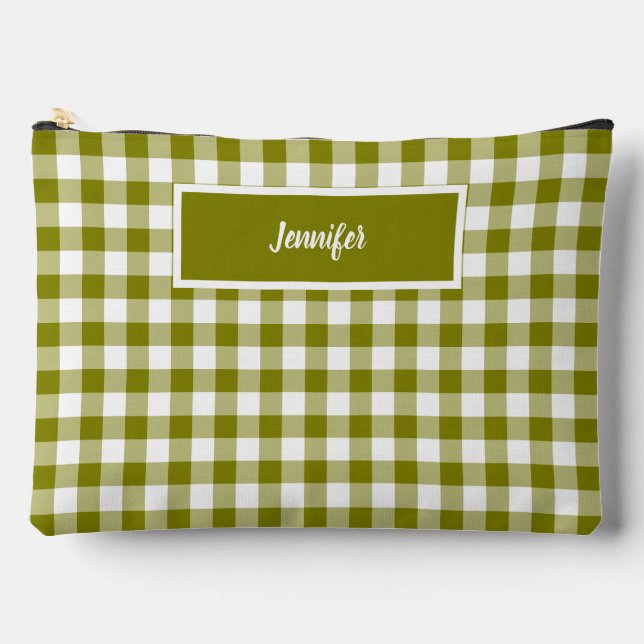 Olive Green Plaid Personalized Accessory Pouch (Front)
