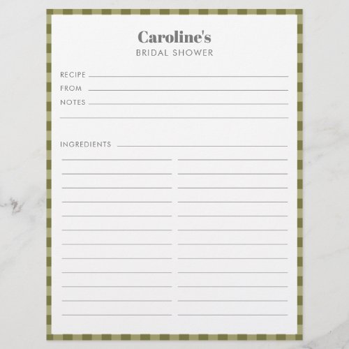 Olive Green Plaid Recipe Custom Name Bridal Shower Flyer