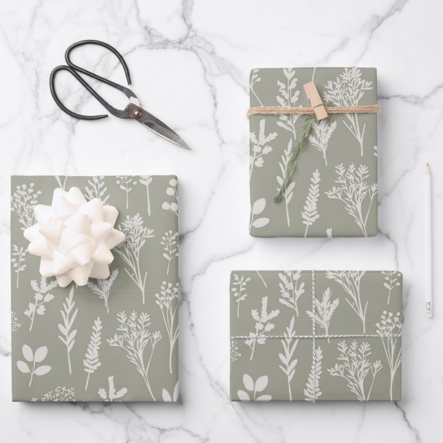 Olive Green Plants and Herbs Pattern Floral Gift Wrapping Paper Sheets (Front)