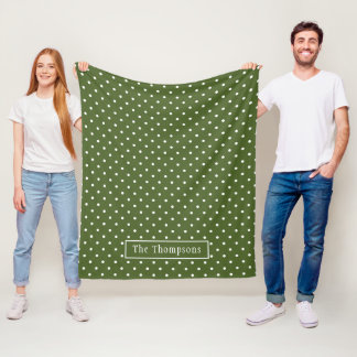 Olive Green Polka Dots Pattern With Custom Name Fleece Blanket
