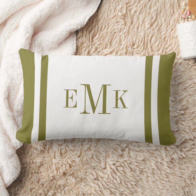 Olive Green Preppy Ribbon Dots Custom Monogram Lumbar Pillow (Blanket)