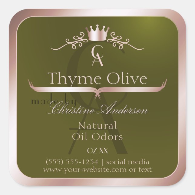 Olive Green Product Label Rose Gold Frame Monogram (Front)